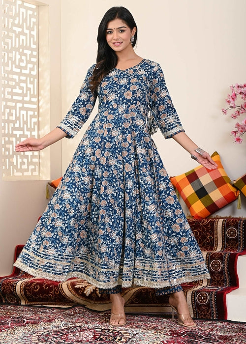 Blue Buti printed Angrakha suit set (3pcs set)
