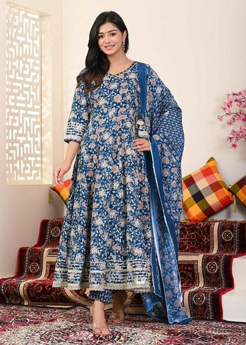 Blue Buti printed Angrakha suit set (3pcs set)