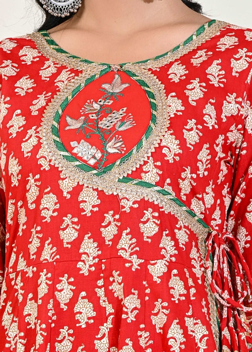 Red Buti printed Angrakha suit set (3pcs set)
