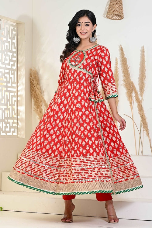 Red Buti printed Angrakha suit set (3pcs set)