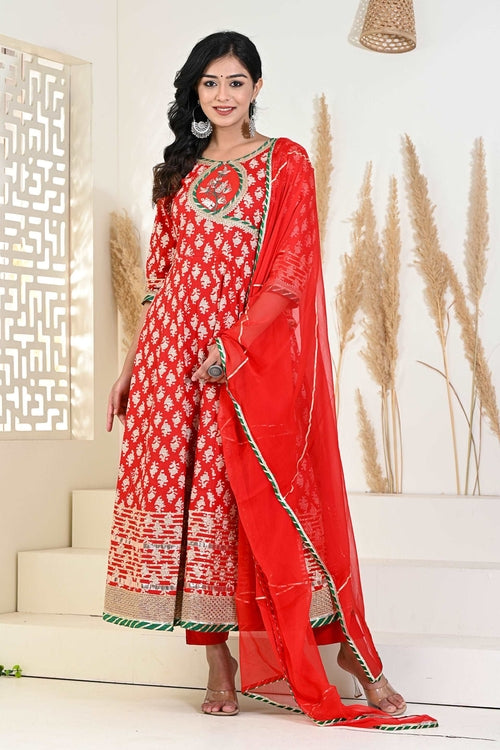 Red Buti printed Angrakha suit set (3pcs set)