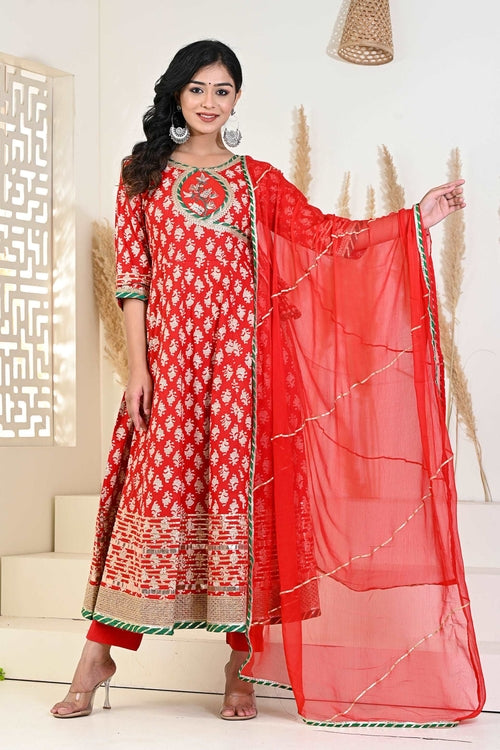 Red Buti printed Angrakha suit set (3pcs set)