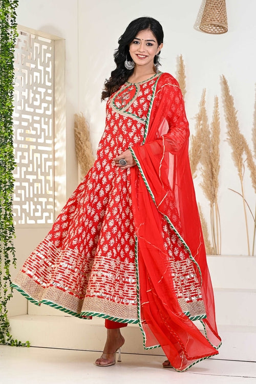 Red Buti printed Angrakha suit set (3pcs set)