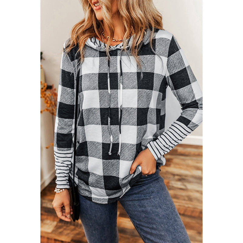 2024 Women's Checked Color-Block Hoodie Sweatshirt
