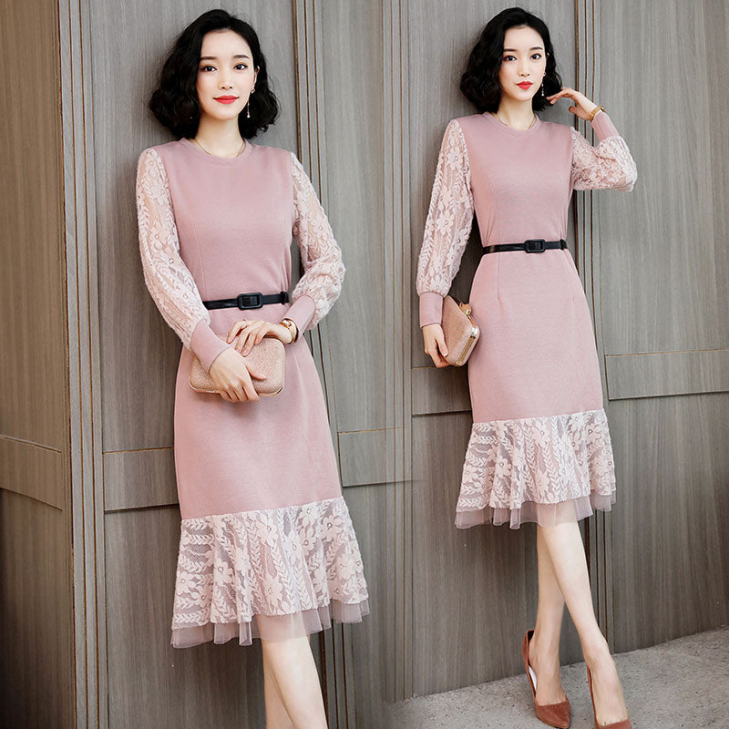 Lace Midi Dress with Slim Fit for Elegant Style