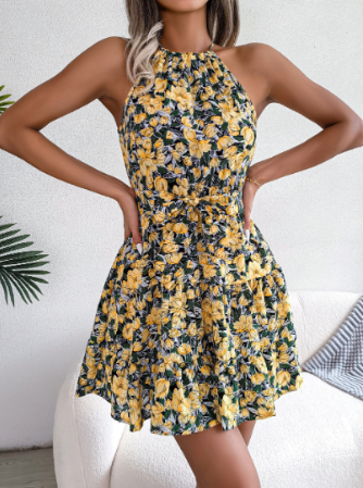 Floral Pleated Dress with Ruffled Hem (One Piece)