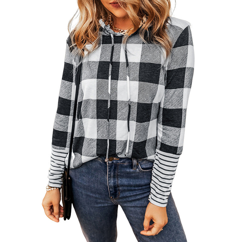 2024 Women's Checked Color-Block Hoodie Sweatshirt