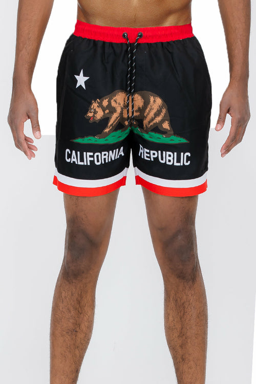 Front American Bear Cali Republic Print Swim Shorts