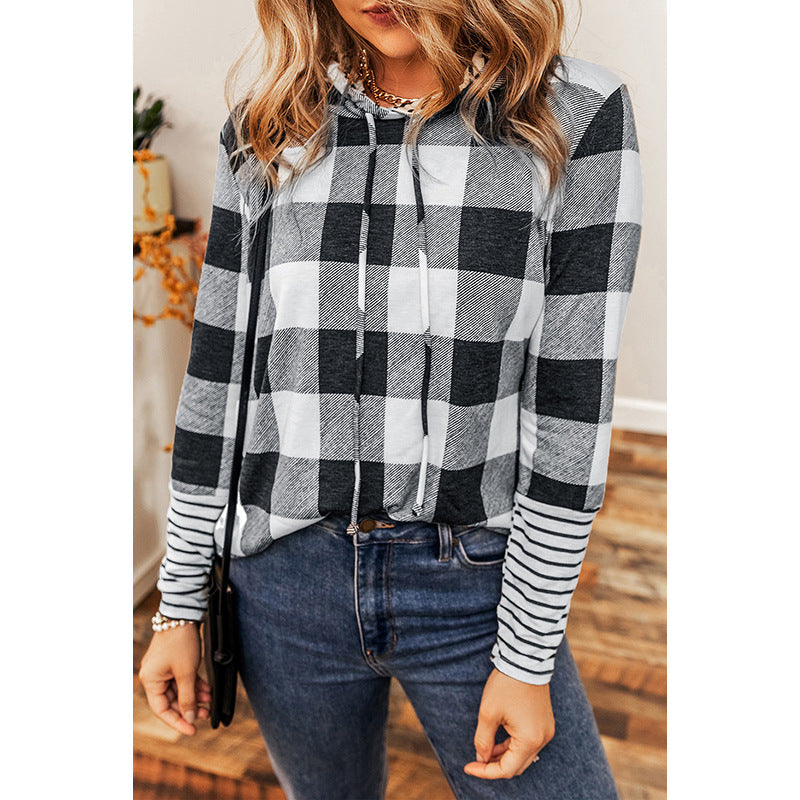2024 Women's Checked Color-Block Hoodie Sweatshirt