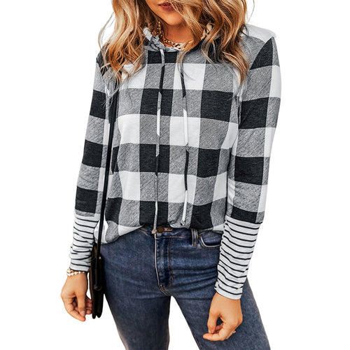 2024 Women's Checked Color-Block Hoodie Sweatshirt