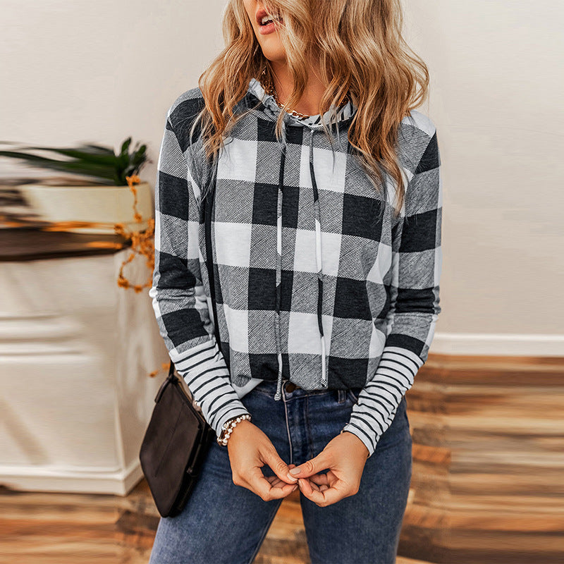 2024 Women's Checked Color-Block Hoodie Sweatshirt