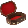 Hand-Carved Wooden Jewelry Box with Brass Elephants