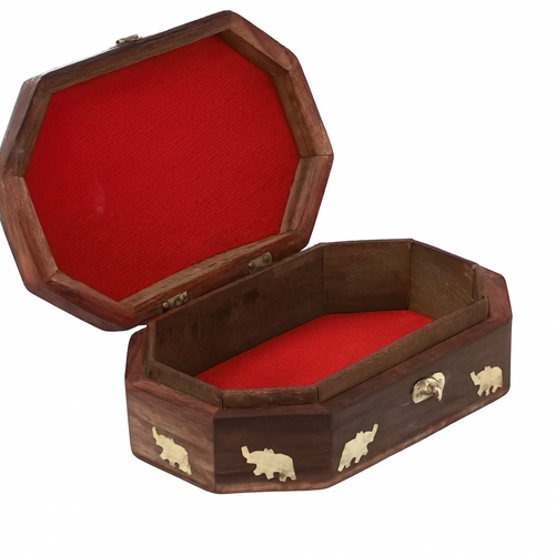 Hand-Carved Wooden Jewelry Box with Brass Elephants