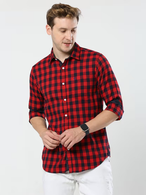 Mens Checks Casual Shirt (Size-L) (Color-Red)