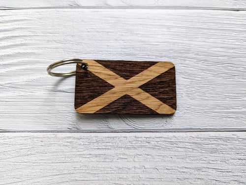 Scottish Flag Keyrings, Scottish Gifts, Oak Veneered, Saltire Keyfob